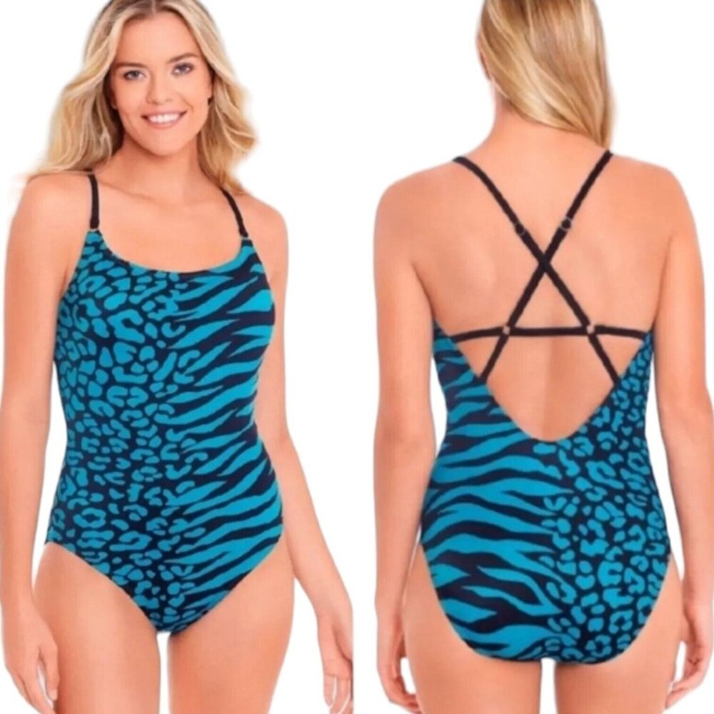 Beach Betty One Piece Swimsuit Size Medium Teal Animal Print Crossback Open Back